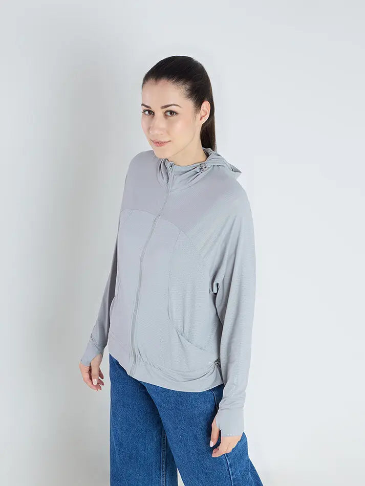 Women's Light Grey Crop Top Sun Jacket | AirWeave™ - Zeelretail